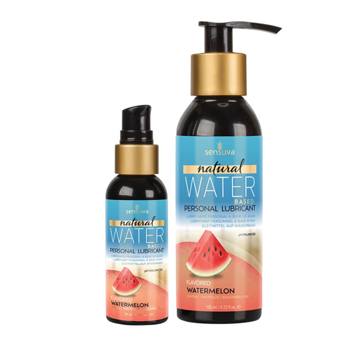 Two dark bottles of Sensuva Natural Water Based personal lubricant are displayed side-by-side against a white background. Both feature bright blue labels with gold accents and a graphic of a fresh watermelon slice.
