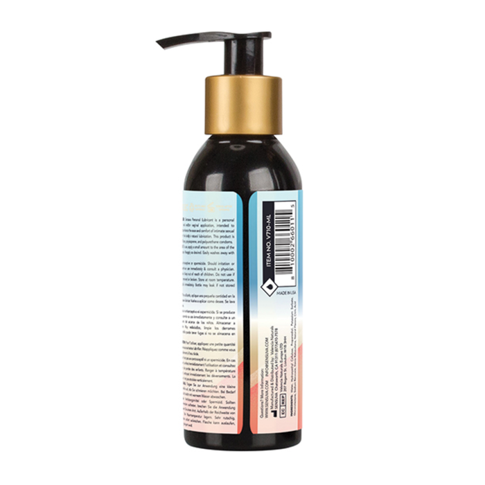Rear view of the larger 125 ml Sensuva Natural Water Based lubricant bottle. The label displays multilingual descriptions, usage directions, ingredients, and a barcode.