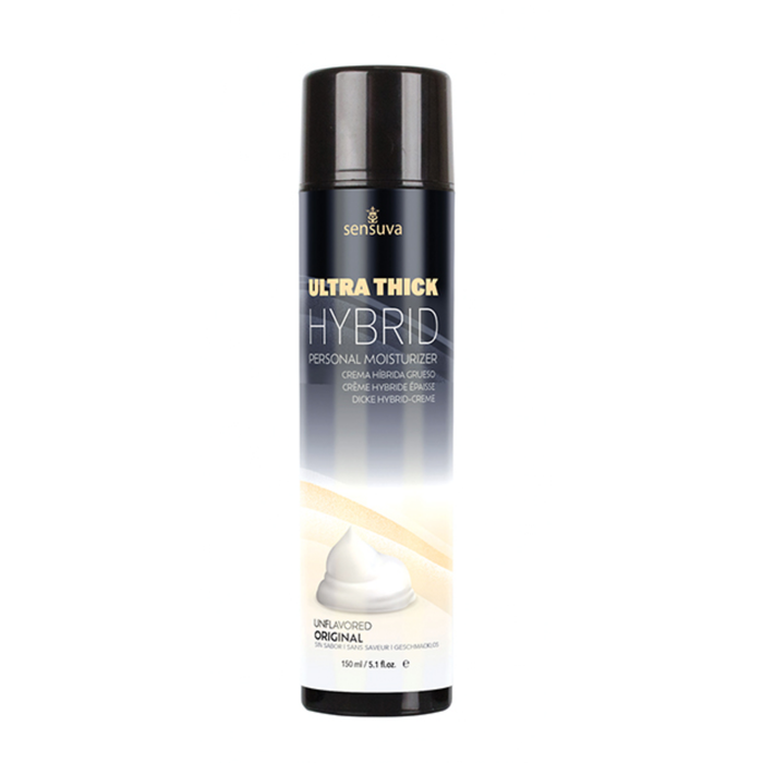 Front view of a tall, dark bottle of Sensuva Ultra Thick Hybrid personal moisturizer. The label features a graphic of a thick white cream swirl alongside the text "Unflavored Original."