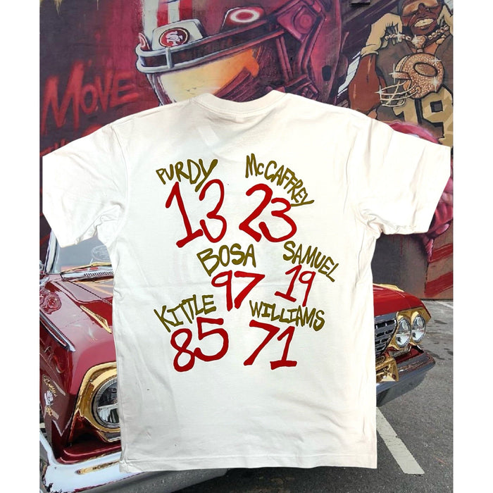 Close-up of the SF Faithful Niner Gang 2024 White Tee, showing the intricate design and high-quality fabric