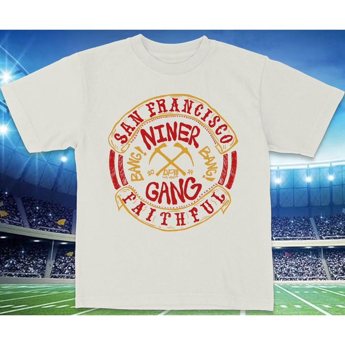 Group of friends wearing the SF Faithful Niner Gang 2024 White Tee at a 49ers game, showcasing the shirt's trendy and stylish look