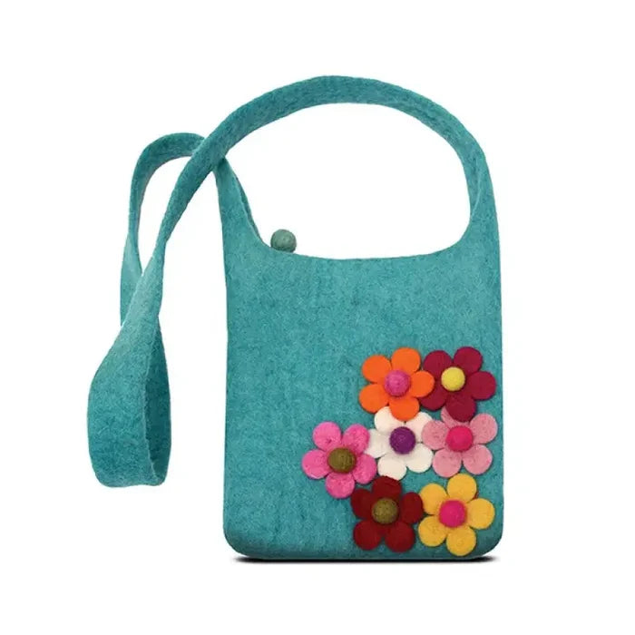 Side Flower Cross Body Kids Bag Turquoise