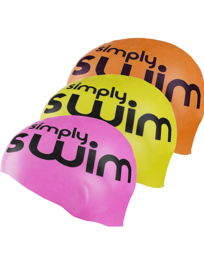 Vibrant Simply Swim high vis silicone swim cap in pink, yellow, orange