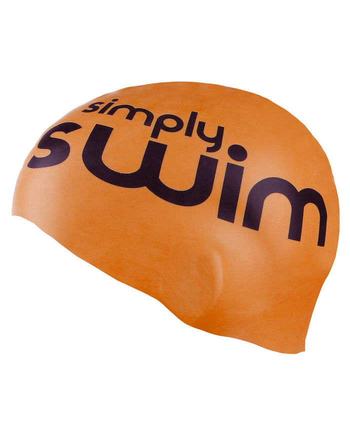 High vis silicone swim cap in orange with Simply Swim text