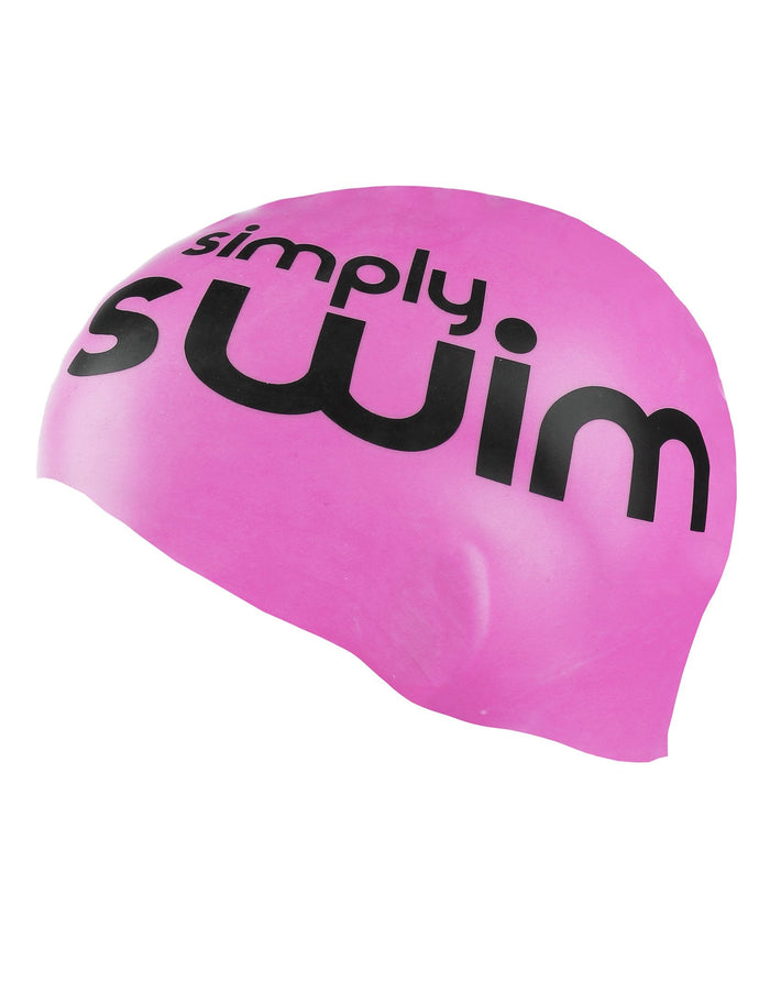Pink high vis silicone swim cap with Simply Swim text