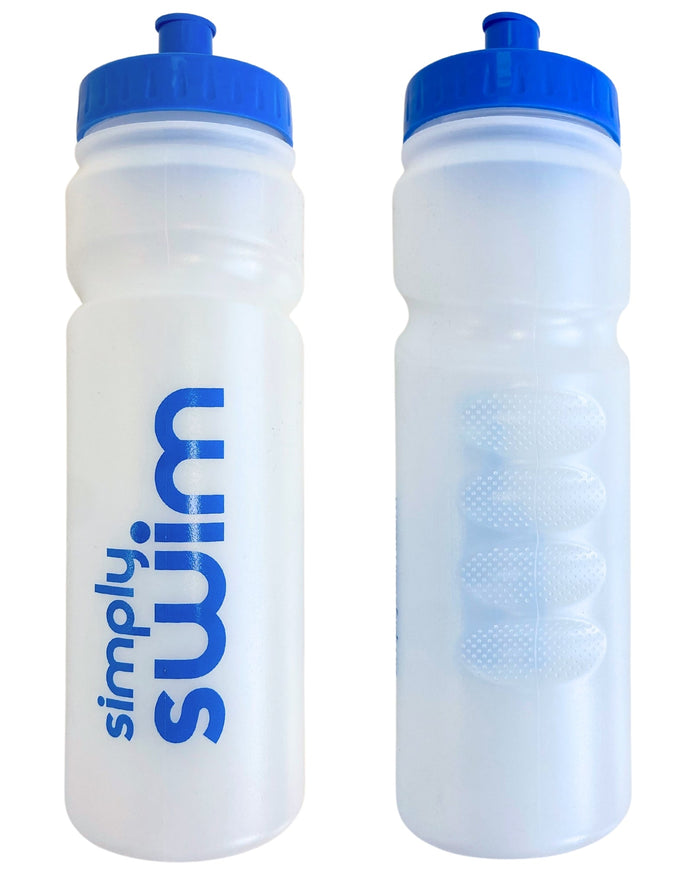Simply Swim 750ml transparent sports water bottle with blue cap