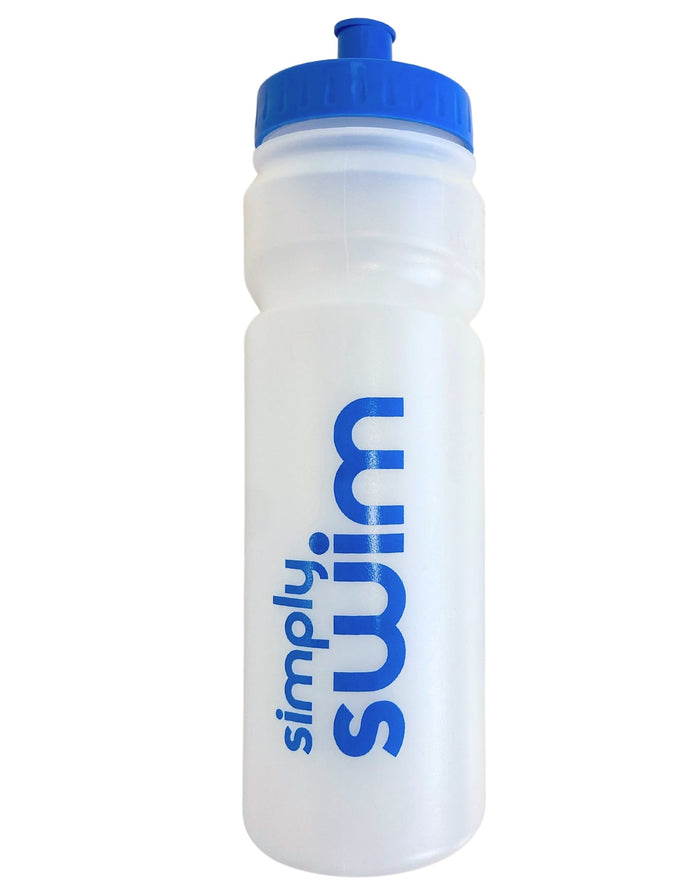 Simply Swim 750ml transparent plastic water bottle with blue lid and logo