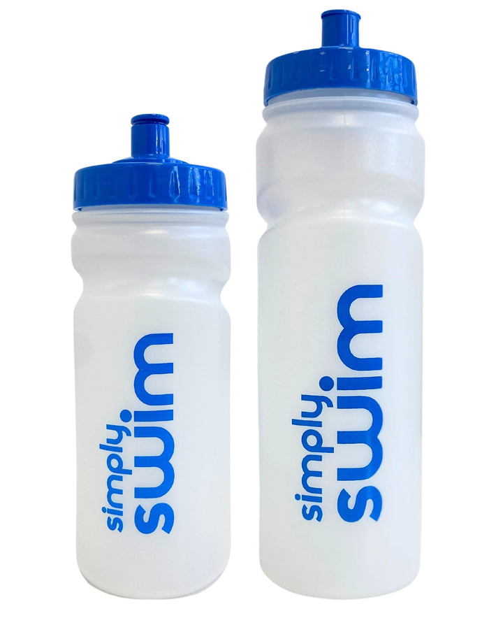 Simply Swim 750ml sports water bottle with blue logo and flip-top cap
