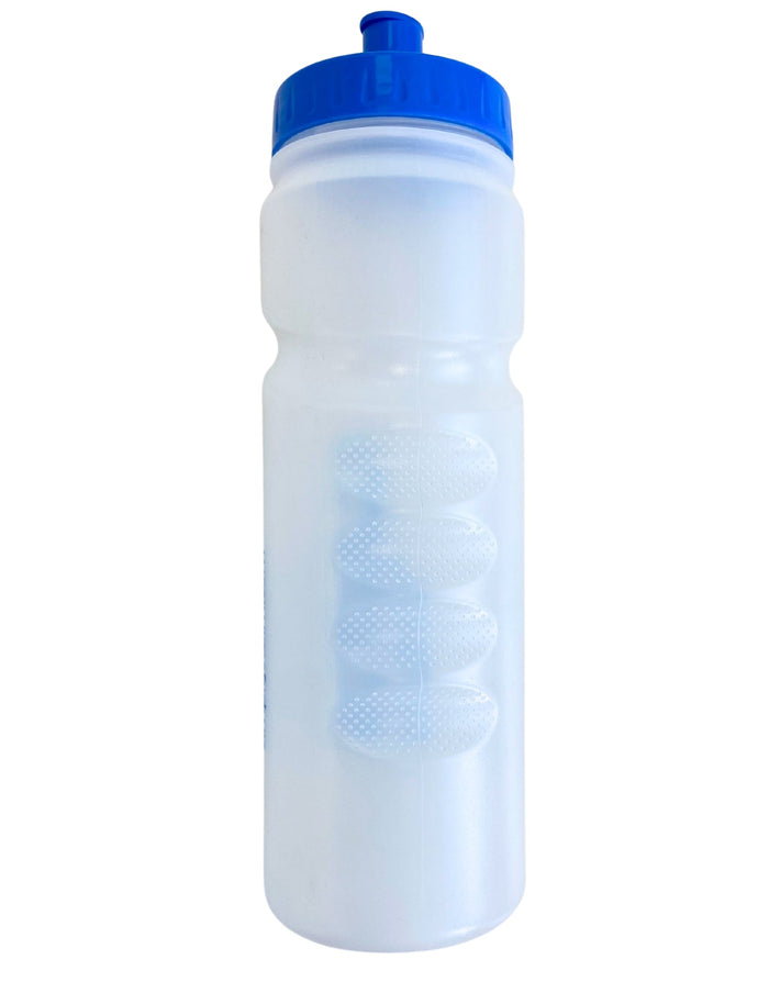 Simply Swim 750ml clear plastic sports water bottle with blue lid and handle