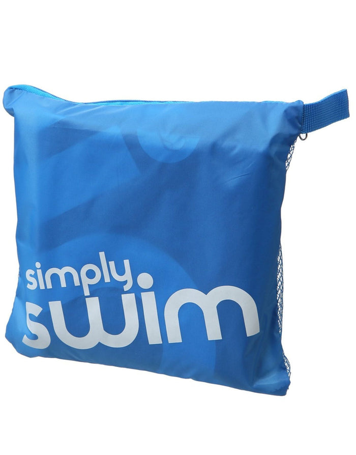 Blue Simply Swim mesh bag with white text on large microfibre towel