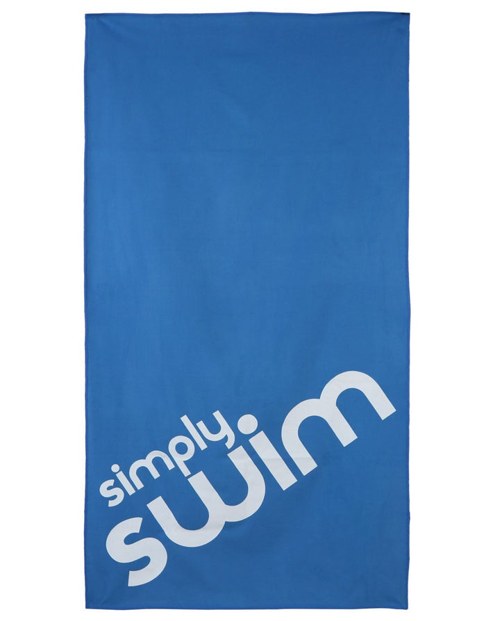 Simply Swim large microfibre towel in blue with white text