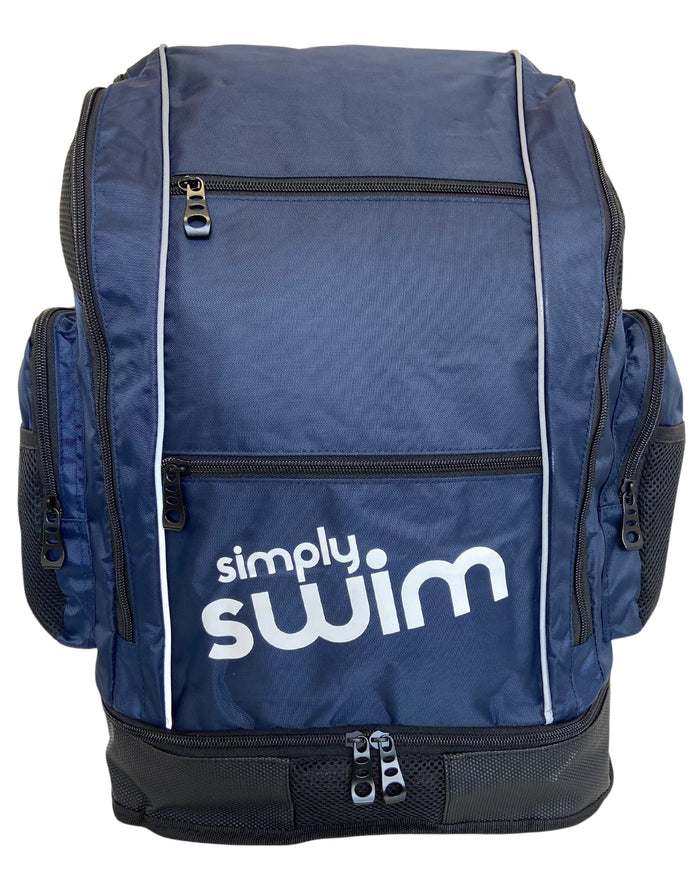 Navy Simply Swim backpack with padded adjustable straps, 40L