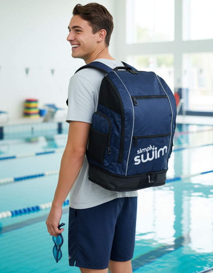 Navy Simply Swim Premium Backpack 40L with padded adjustable straps