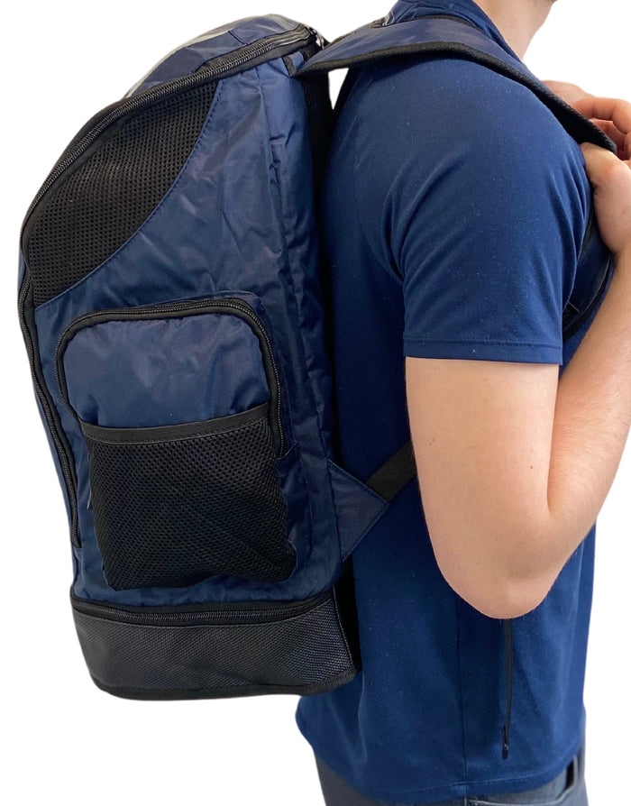 Navy Simply Swim backpack with mesh pockets and padded adjustable straps
