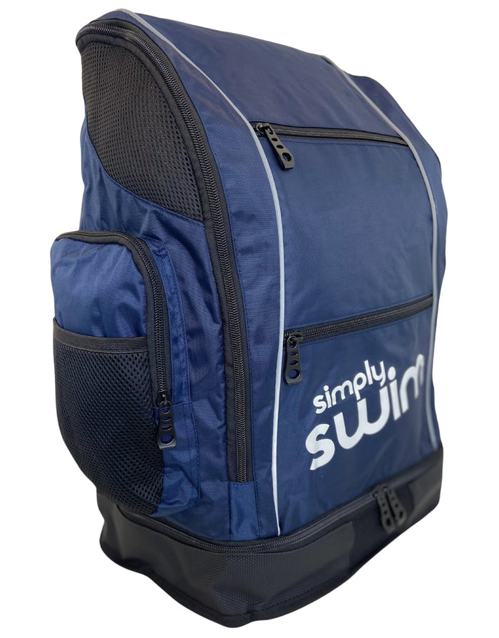 Navy Simply Swim backpack with mesh pockets and padded adjustable straps