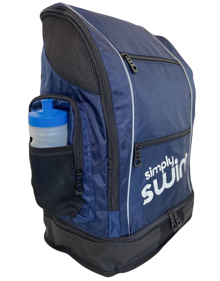 Navy Simply Swim backpack with padded adjustable straps, mesh pockets, water bottle holder