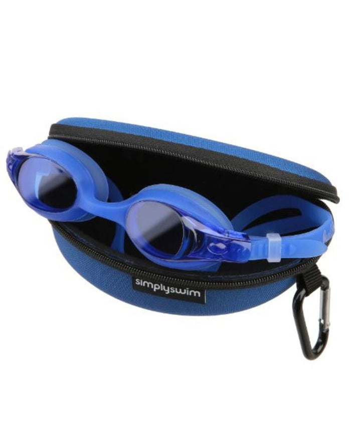 Blue and black Simply Swim Premium swim goggles in neoprene case