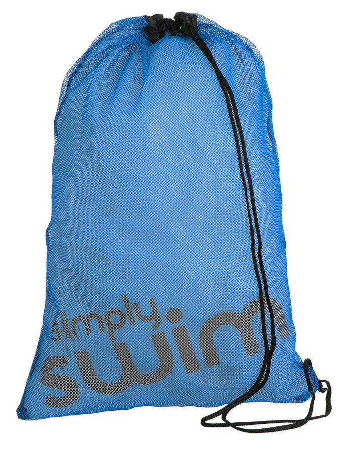Blue Simply Swim mesh bag with drawstring and text design
