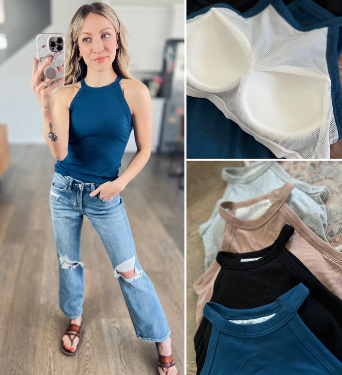 Skinny Rib Grecian Neck Built in Bra Tank