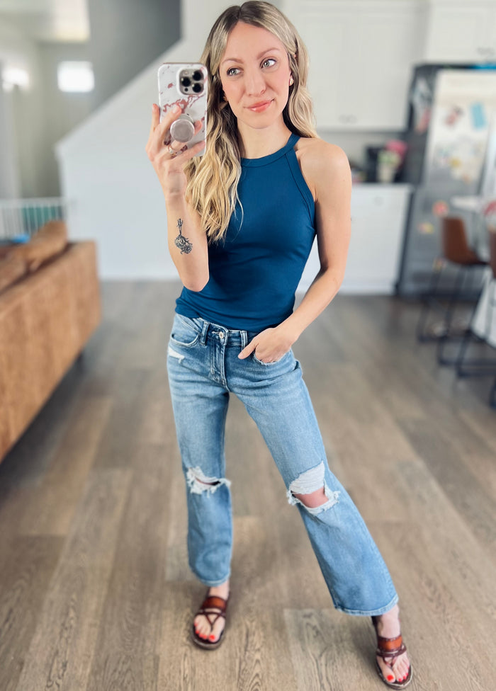 Skinny Rib Grecian Neck Built in Bra Tank