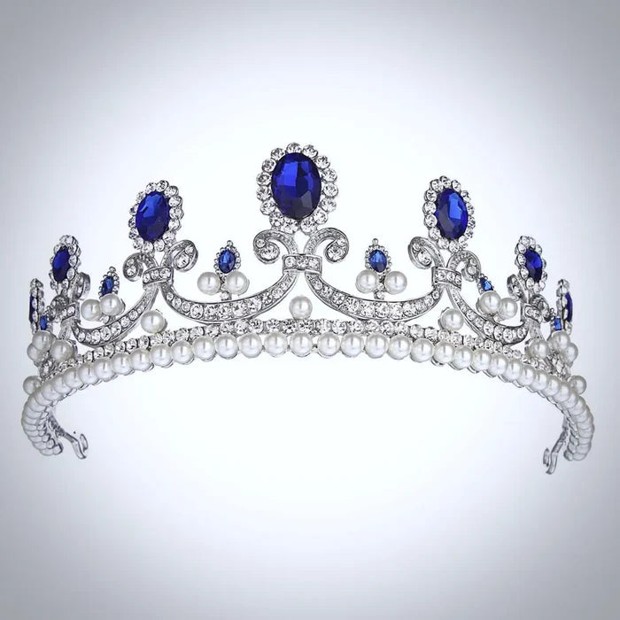 Wedding Hair Accessories - Blue Crystal and Pearl Bridal Tiara