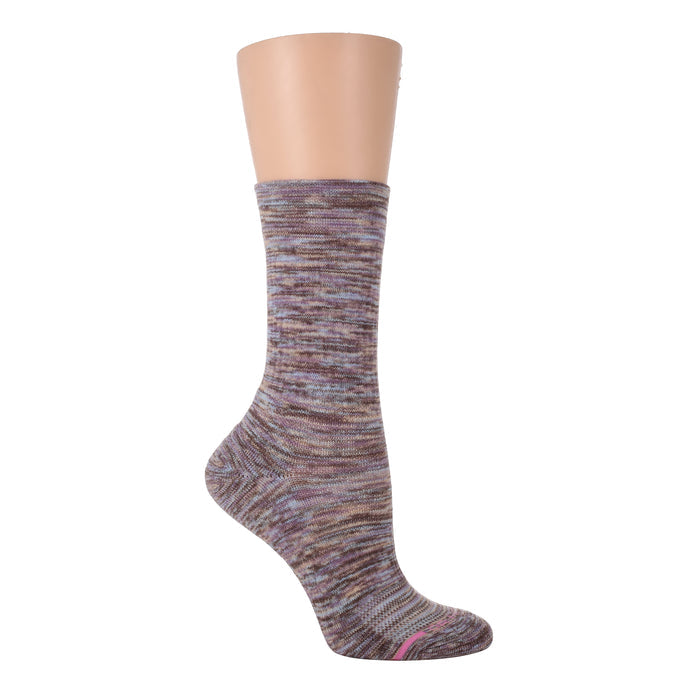 Medium weight crew sock in a multicolored spacedye pattern with a pink accent at the toe.