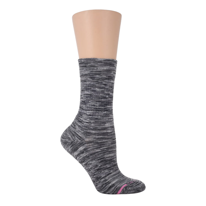 Medium weight crew socks in a spacedye pattern, featuring a gray color with a pink accent at the toe.