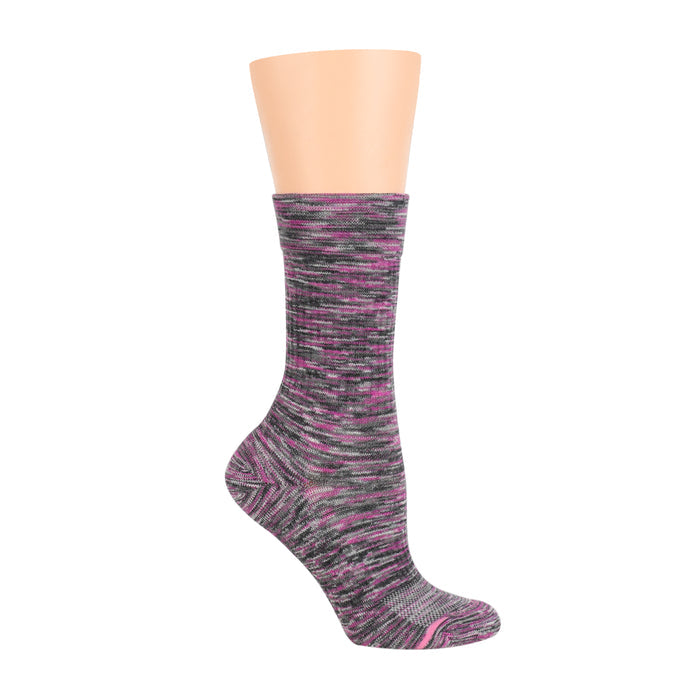 Medium weight crew socks in a spacedye pattern featuring shades of pink and gray.