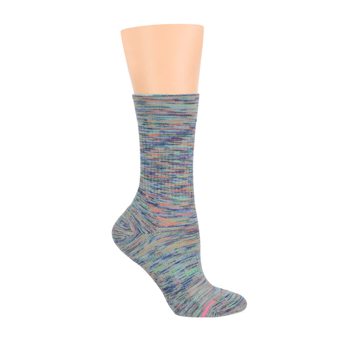 Medium weight crew socks in a multicolored spacedye pattern for women.