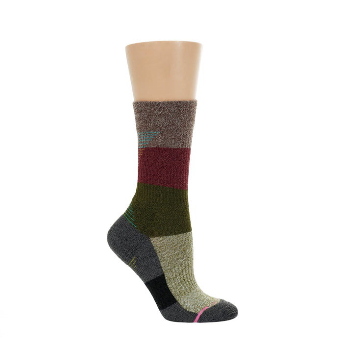 Medium weight crew sock for women featuring a multicolored striped design in various shades.