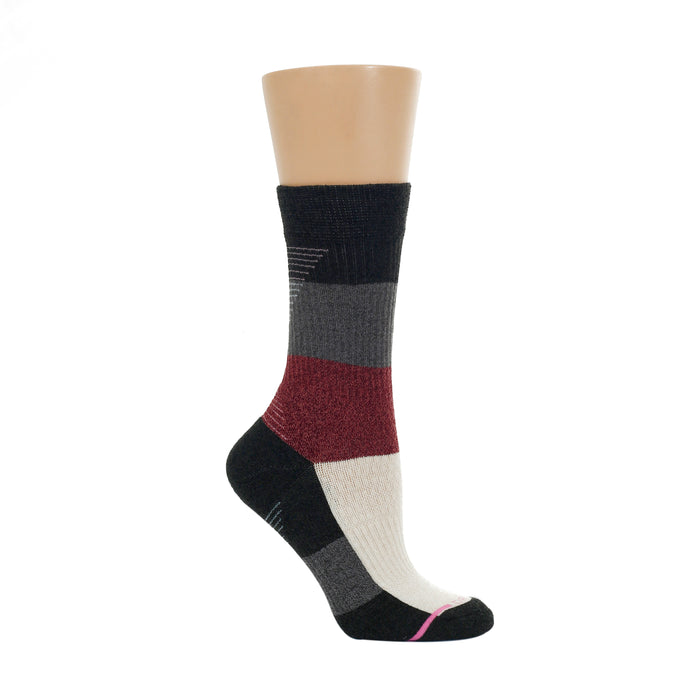 Medium weight crew sock for women featuring a multicolored striped design in black, gray, burgundy, and white.