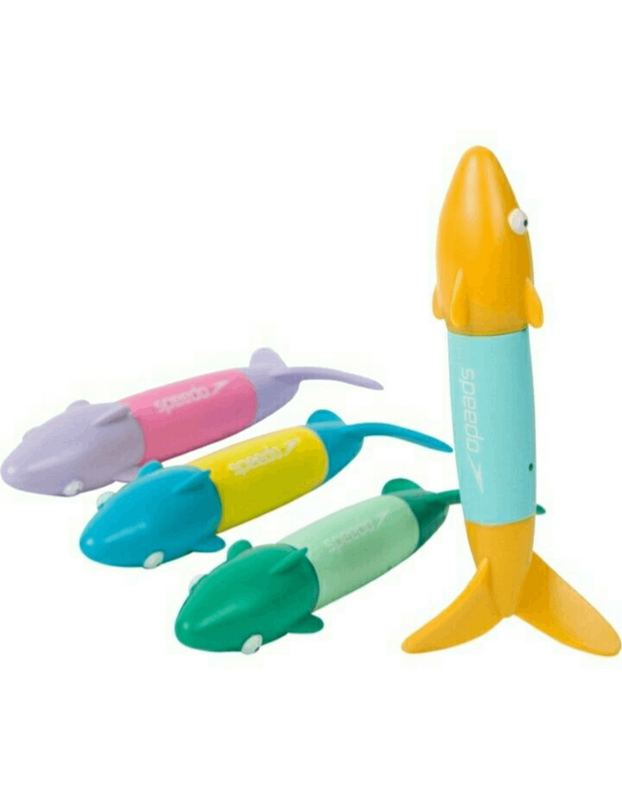 Yellow Speedo Sea Squad spinning dive toy rocket with blue nose and orange fins