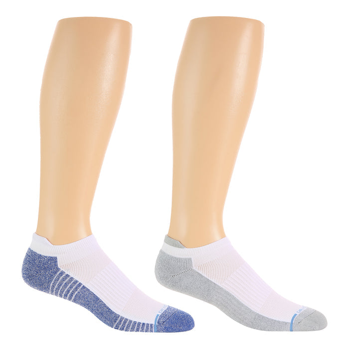 Ankle compression socks in white with blue and gray accents, displayed on mannequin legs.