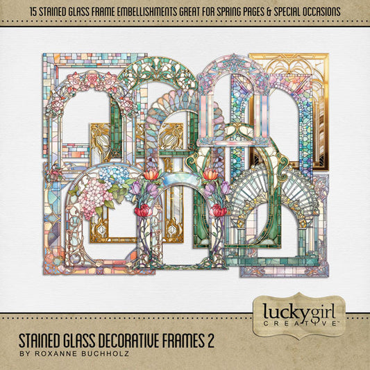 These beautiful multi-colored glass digital scrapbook mosaic frames by Lucky Girl Creative digital art for digital scrapbooking are the perfect addition to any page featuring church, faith, religion, wedding, and other historic sites such as basilicas, cathedrals, temples, and chapels. Great for spring, Easter, and flower garden pages, too! This kit is included in the Stained Glass Decorative Frames Bundle.