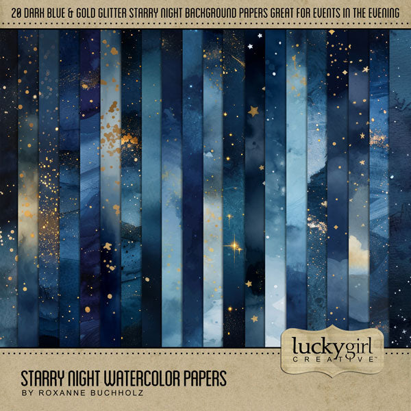 Remember the beautiful nights in your life with these digital scrapbooking watercolor papers by Lucky Girl Creative digital art featuring abstract stars and clouds. Great for outdoors, nature, and camping as well as weddings and prom. This kit is included in Bachelor Party Watercolor Kit.
