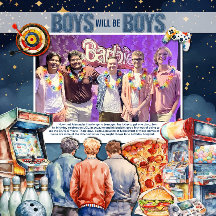 Let's have some good, clean fun with this watercolor men's bachelor party inspired digital art embellishments and papers kit by Lucky Girl Creative digital art filled with lots of sports, games, and food. Also great for boys night out, prom, high school, college, university life, fraternity houses, and other social activities. Embellishments include arcade game, party bus, casino, dice, gambling, slot machine, playing cards, ace, heart, king, poker chips, roulette wheel, cigar, bow tie, denim jacket, jeans.
