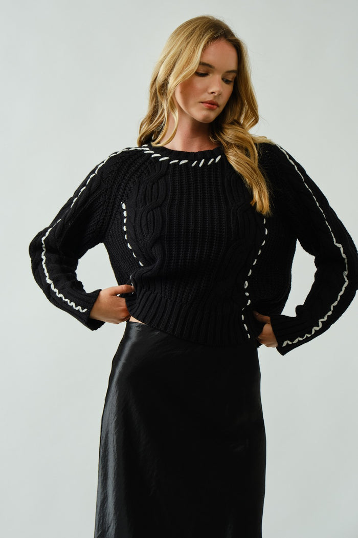 Stitched Detail Cable Sweater Pullover Top