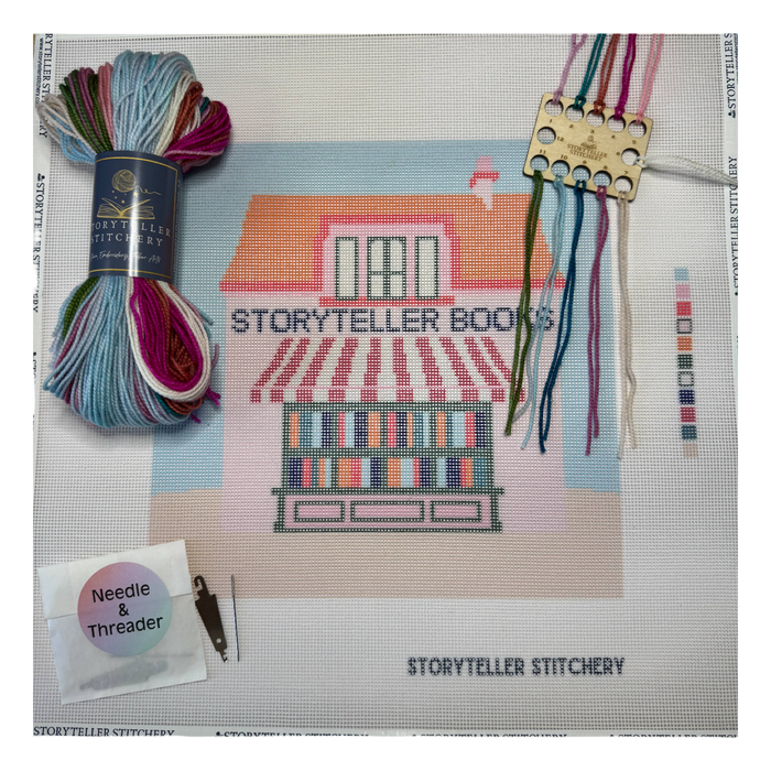 storyteller stitchery kit, bookstore needlepoint kit, modern needlepoint design, large needlepoint project, beginner friendly needlepoint, hand dyed thread kit, diy stitching kit, frame ready embroidery