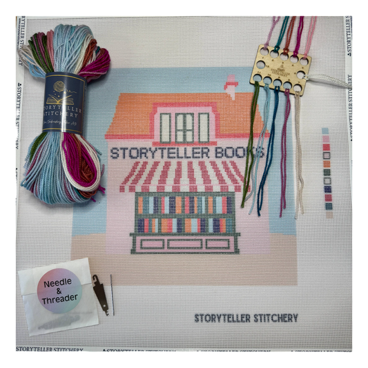 storyteller stitchery kit, bookstore needlepoint kit, modern needlepoint design, large needlepoint project, beginner friendly needlepoint, hand dyed thread kit, diy stitching kit, frame ready embroidery