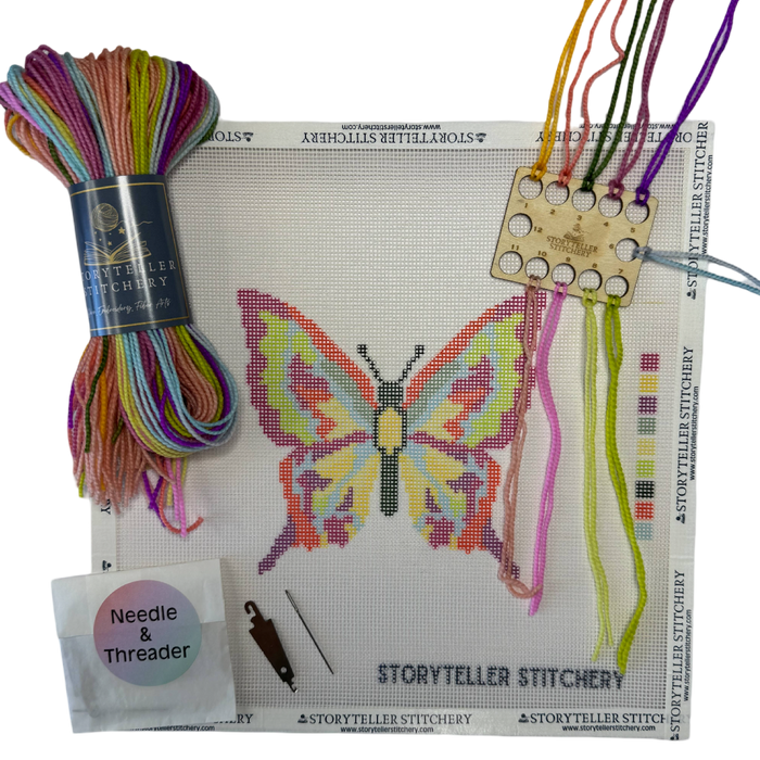 storyteller stitchery kit, butterfly needlepoint kit, modern needlepoint design, beginner needlepoint kit, hand dyed thread kit, diy stitching kit, small needlepoint project, frame ready embroidery