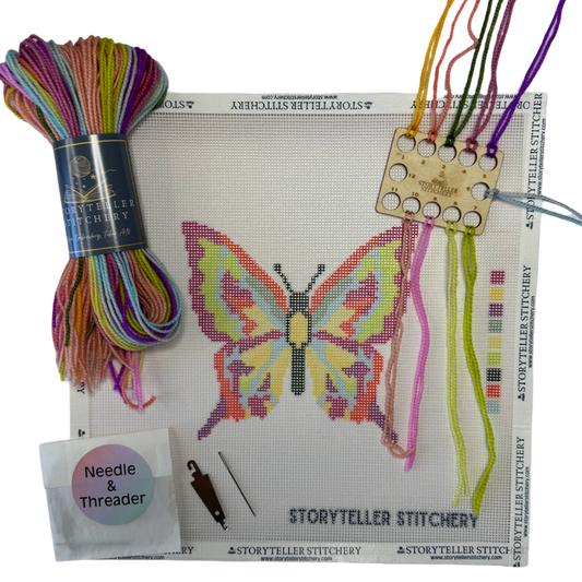 storyteller stitchery kit, butterfly needlepoint kit, modern needlepoint design, beginner needlepoint kit, hand dyed thread kit, diy stitching kit, small needlepoint project, frame ready embroidery