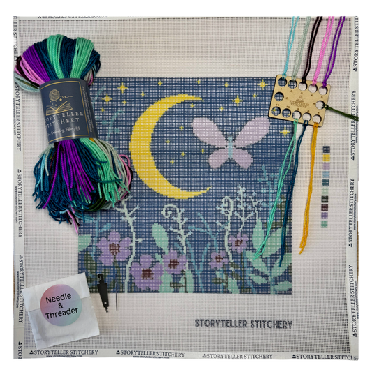 storyteller stitchery kit, midnight garden needlepoint, modern needlepoint kit, hand dyed wool thread kit, beginner friendly needlepoint, diy needlepoint art, stitchery craft kit, frame ready needlepoint design