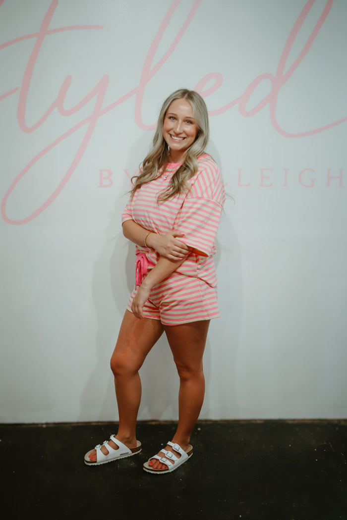 Stripe Contrast Trim Boxy Terry Short Set