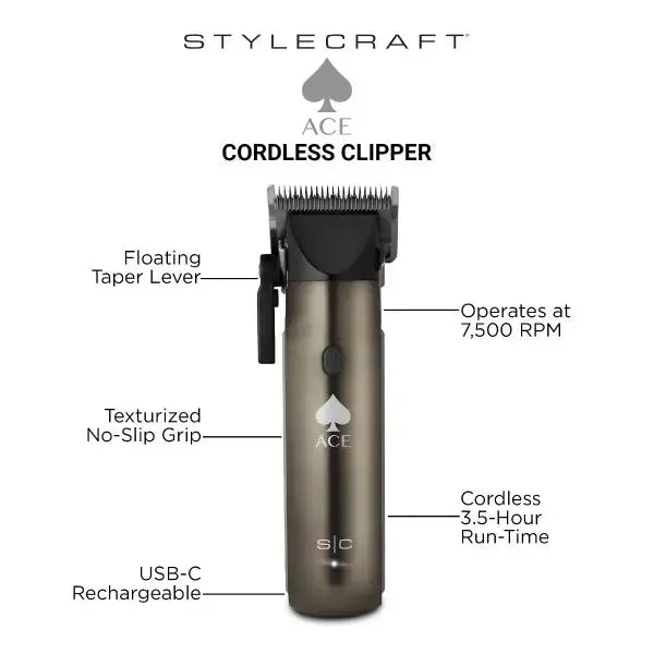StyleCraft ACE Cordless Hair Clipper with Rotary Motor # SC618GY - Palms Fashion Inc.