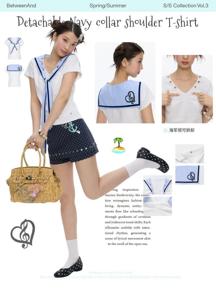 Summer white detachable navy collar button short sleeve top for women