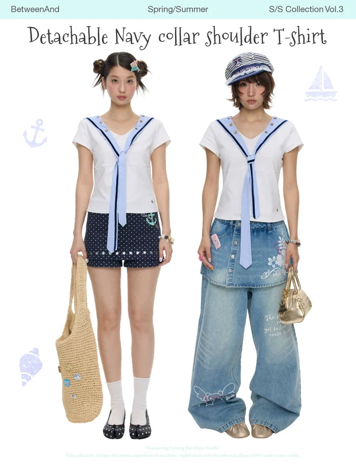Summer white detachable navy collar button short sleeve top for women