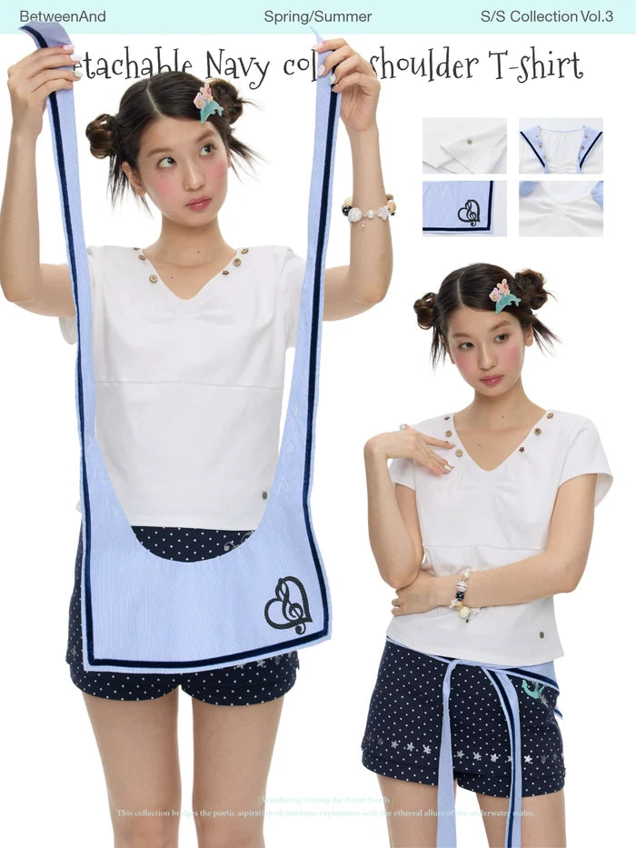 Summer white detachable navy collar button short sleeve top for women