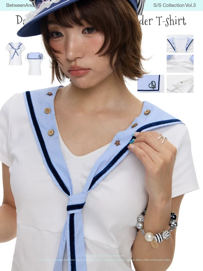 Summer white detachable navy collar button short sleeve top for women