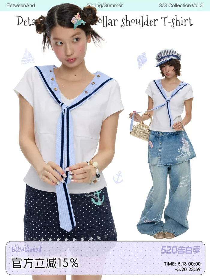 Summer white detachable navy collar button short sleeve top for women