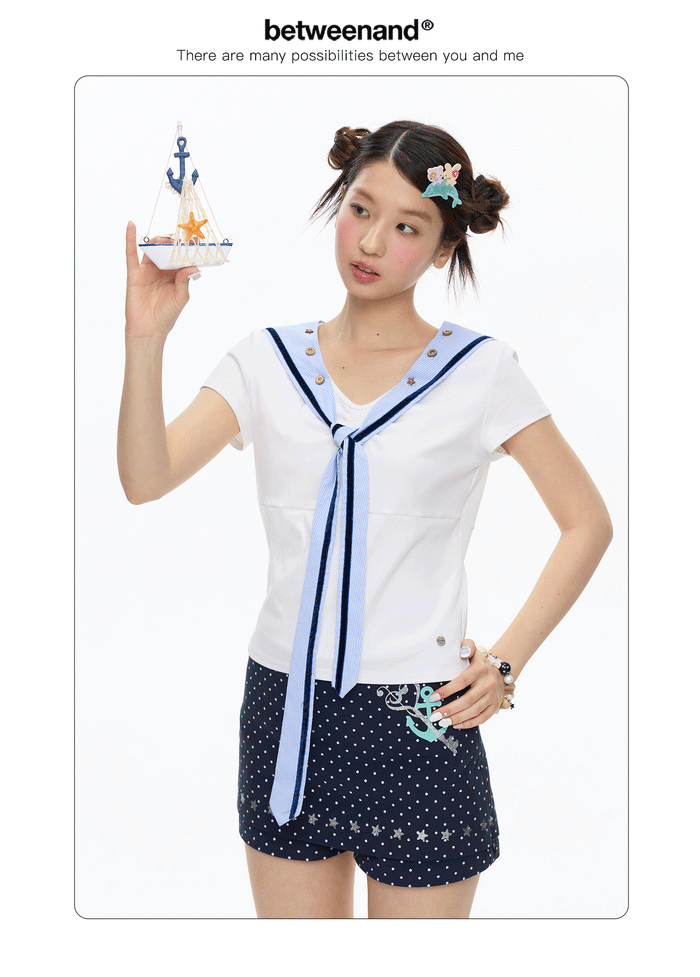 Summer white detachable navy collar button short sleeve top for women